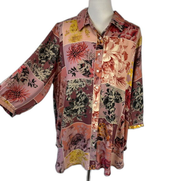 Cynthia Rowley Tops - Cynthia Rowley Floral Patchwork Print Button Up Top Size 1X Bloomcore Cottage